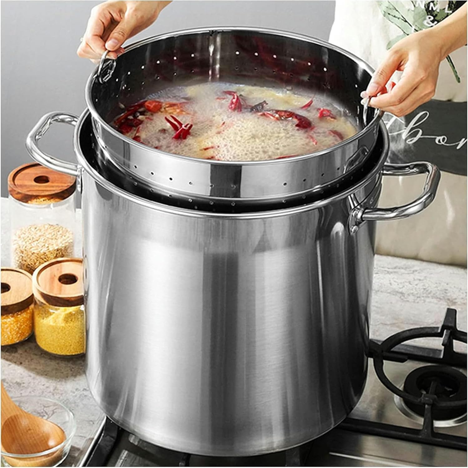 Heavy-Duty Stainless Steel Stock Pot with Strainer Basket, Crawfish Seafood Pot Turkey Fryer Pot for Home Kitchen Outdoor,45 * 45cm（45 * 45cm）
