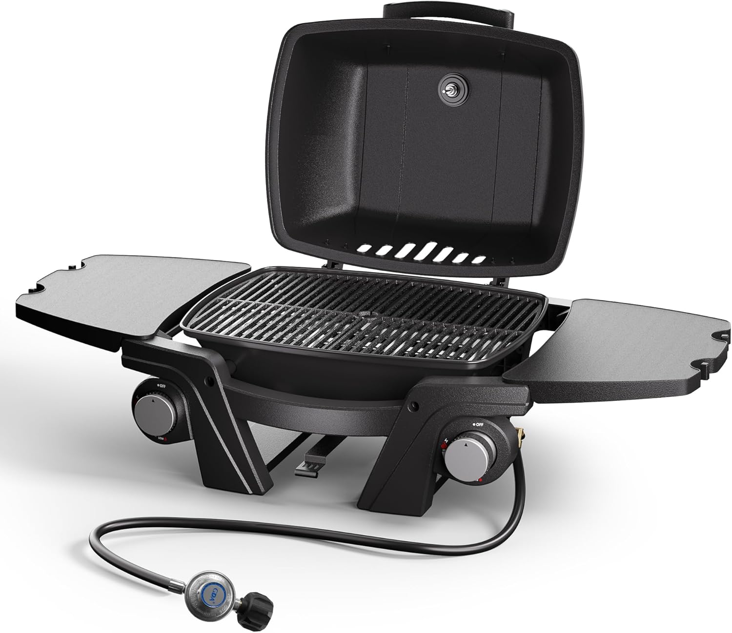 Portable Gas Grill, Portable Propane Grill, Propane Gas Grill, 24,000 BTU Outdoor Tabletop Small BBQ Grill with Two Burners, Removable Side Tables, Gas Hose and Regulator, Built in Thermometer, Black
