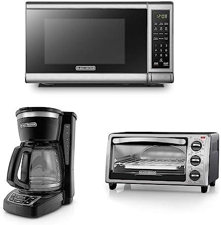BLACK+DECKER EM720CB7 Digital Microwave Oven, 700W, Stainless Steel, 0.7 Cu.ft & CM1160B 12-Cup Programmable Coffee Maker, Black/Stainless Steel & 4-Slice Convection Oven, Stainless Steel