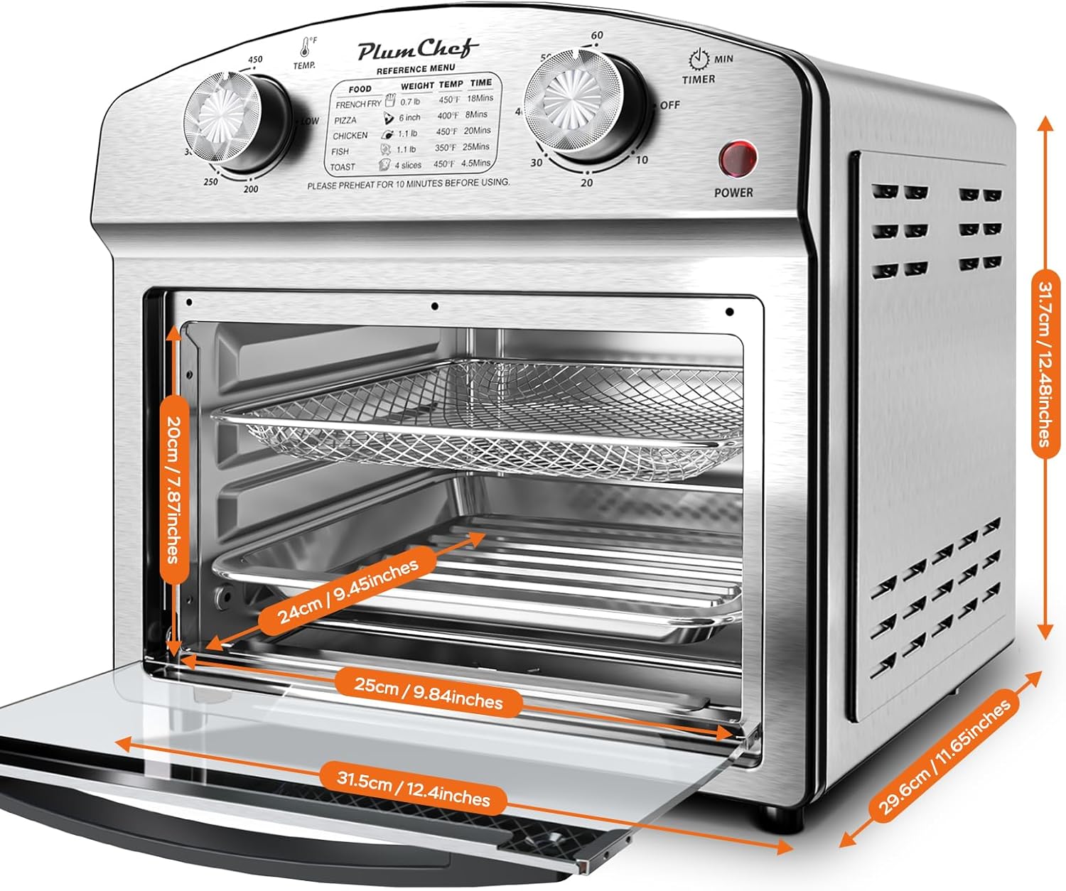 PlumChef 13 Quart 4 Slices Air Fryer Convection Toaster Oven, 1500W, Multifunction Oven with Reference Menus on Panel, Time and Temperature Controls(Stainless Steel)