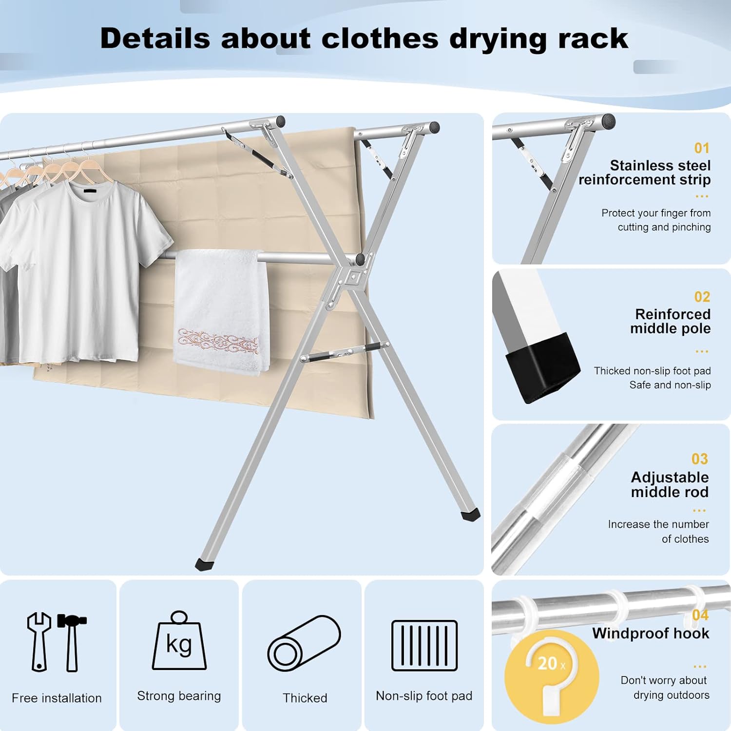 Sarahipe Sillars Clothes Drying Rack, 63 inches Laundry Drying Rack Clothing Foldable & Collapsible Stainless Steel Heavy Duty Clothing Drying Rack with Windproof Hooks for Indoor Outdoor