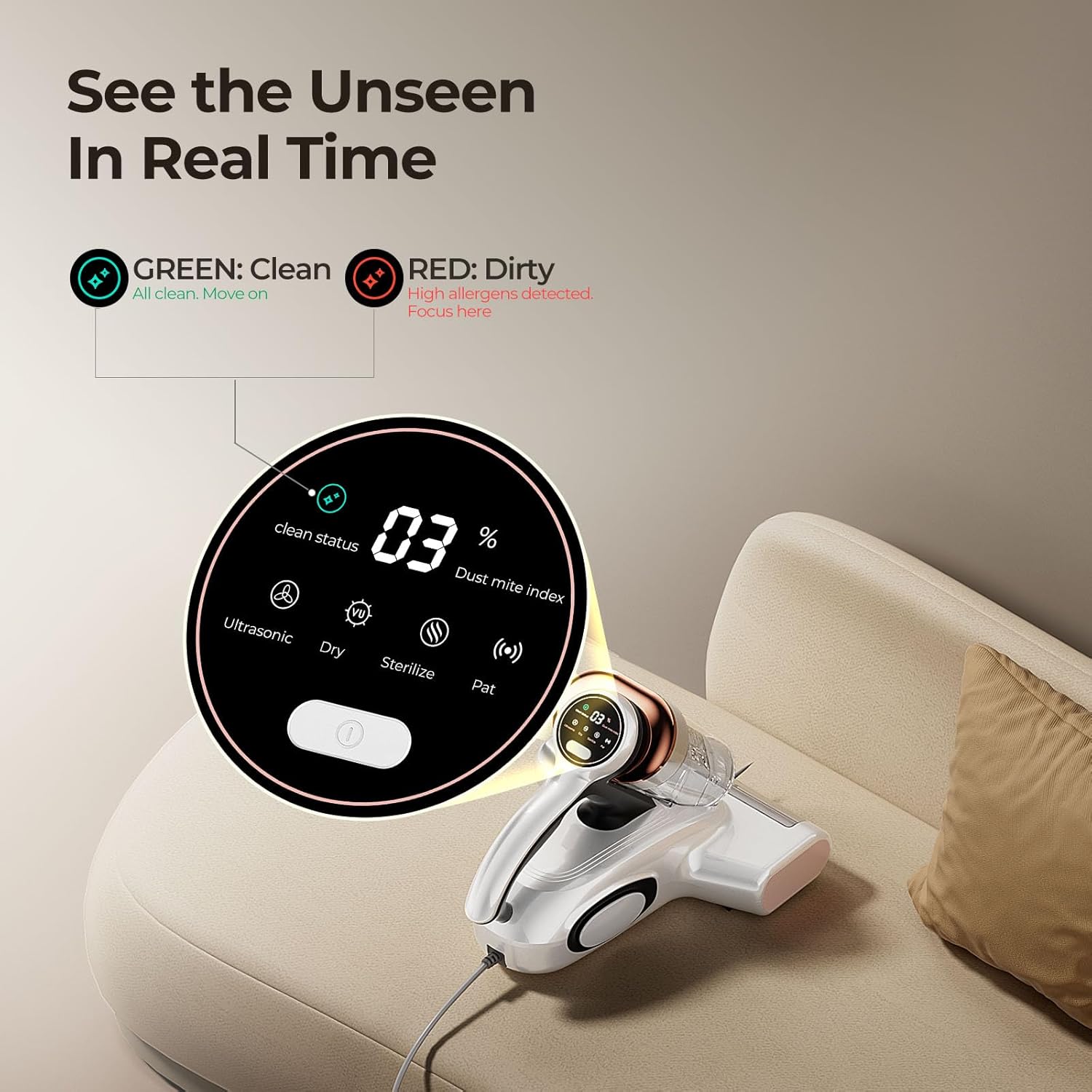 JIGOO Bed Vacuum Cleaner with Dust Sensor, Mattress Vacuum Cleaner with UV & Ultrasonic and High Heating, 13Kpa Suction 500W Powerful Double-Cup Handheld Vacuums (J300, Corded)