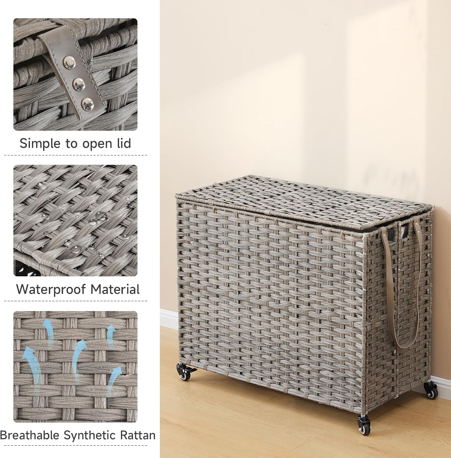 Laundry Hamper with Wheels, 52.8 Gallon(200L) Rolling Laundry Basket with Lid, 3-Section Rattan Clothes Hamper with 3 Removable Liner & 3 Mesh Bags, Laundry Sorter with Side Pocket, Grey