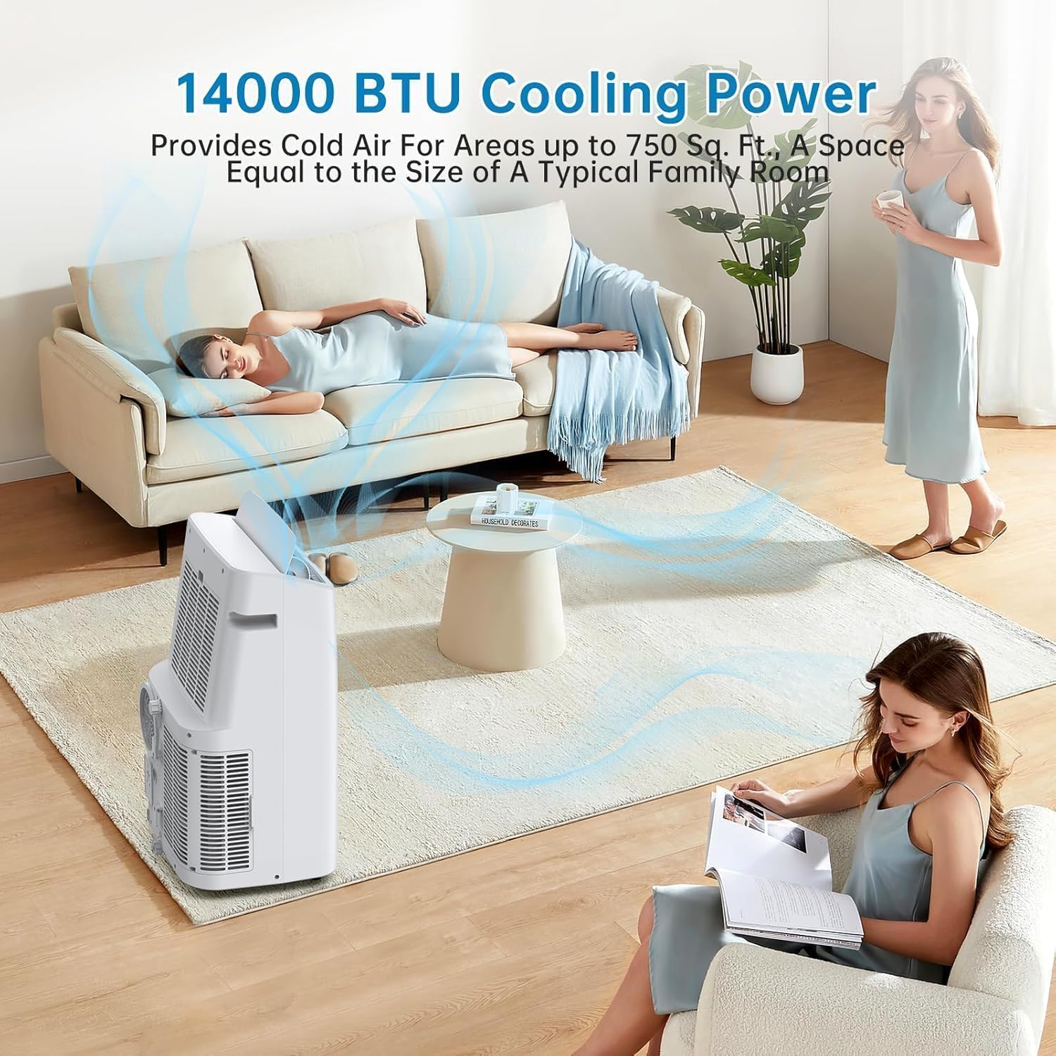 14,000 BTUs Portable Air Conditioner with 3-in-1 Room AC Unit for 750 Sq.Ft, 50dB Ultra Quiet, Window Kits Included Drainage Pipe & Remote Control, White