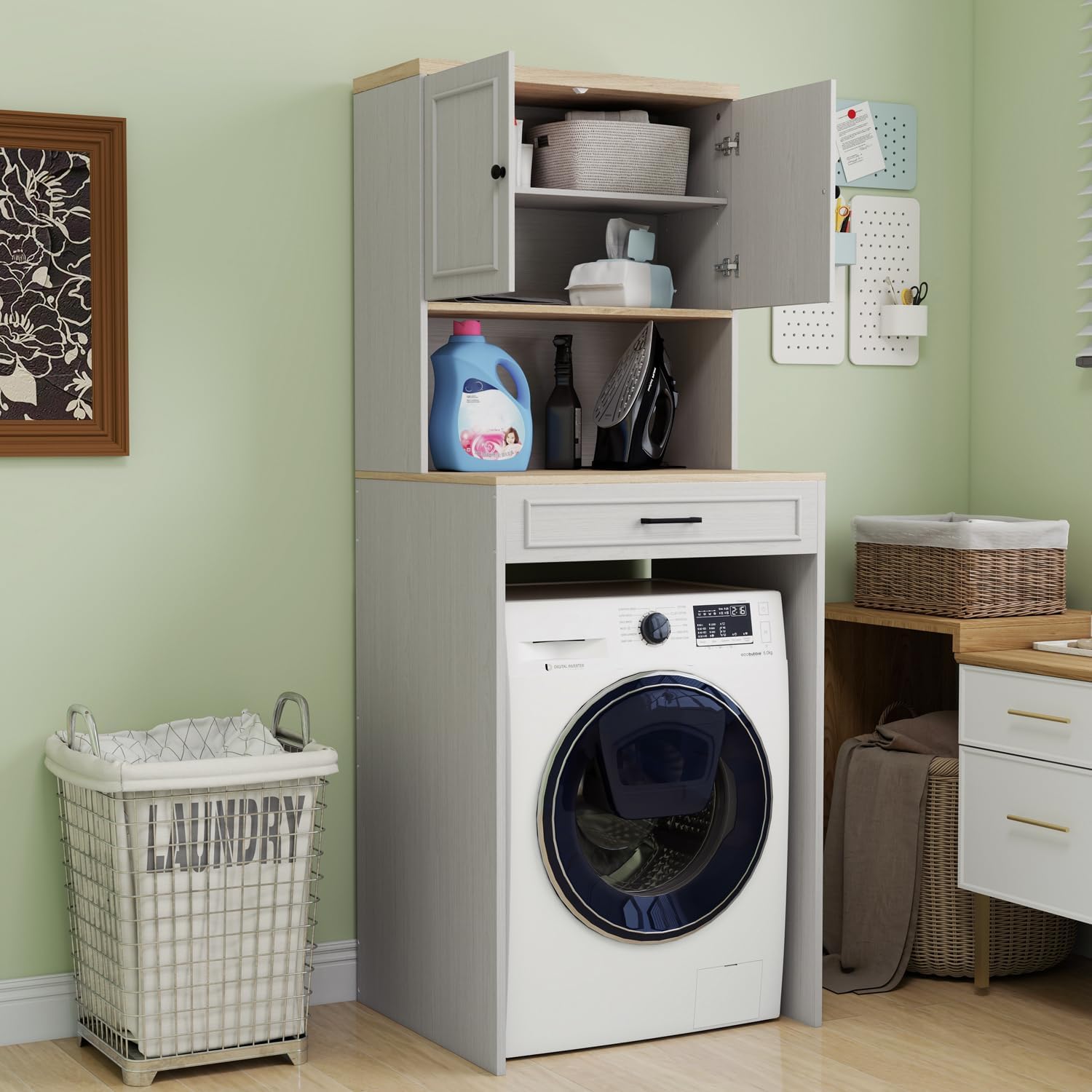 Over The Washer and Dryer Storage Cabinet, Laundry Room Organization and Storage with Adjustable Shelf and Fake Drawer Design, Laundry Room Storage Space Saver (Antique White)