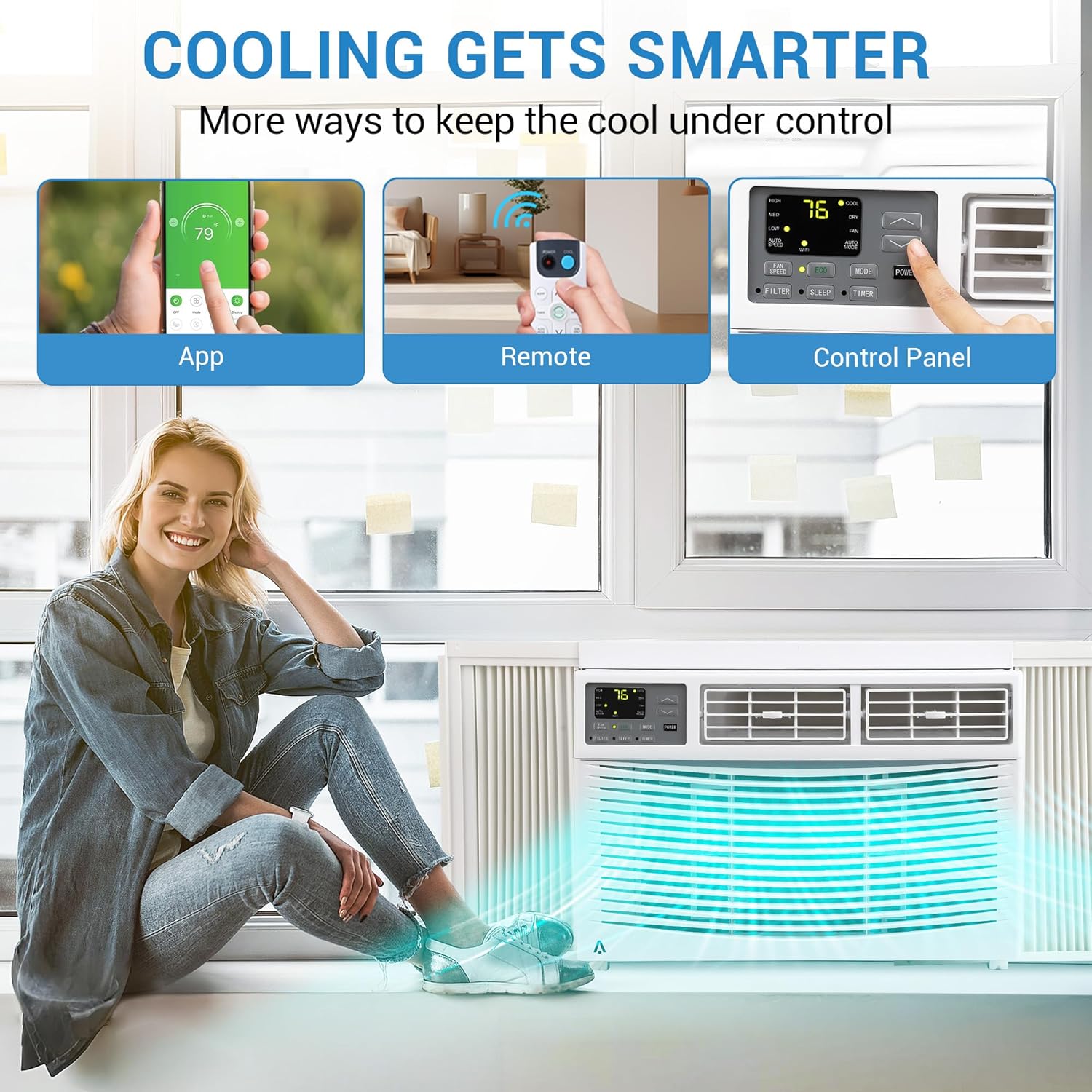 8000 BTU Smart Window Air Conditioner with WiFi, App and Remote Control, Cools 350 Sq.Ft., Quiet Operation with 3 Fan Speeds & Sleep Mode, Easy Installation for Bedroom, Living Room, Office