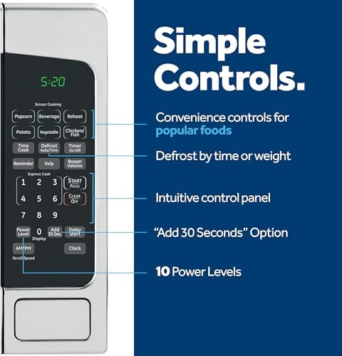 GE Countertop Microwave Oven,1, 200-watt Capacity, 2.0 Cubic Ft., 8 Auto Setting Cooking Settings, Child-Lock Technology, Kitchen Essentials for the Countertop, Dorm Room or Apartment, Stainless Steel