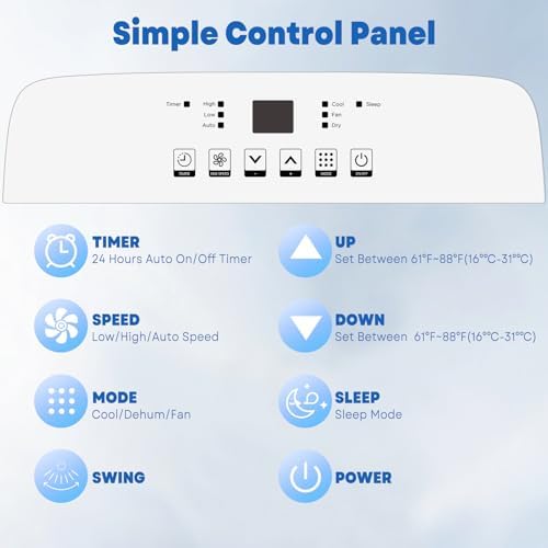 10000 BTU Portable Air Conditioners with Remote Control, 4-In-1 Cooling AC Unit for Room Up to 450 Sq.Ft, 3 Wind Speeds, 24H Timer, Auto Swing, Easy Install for Bedroom, Dorm, Office