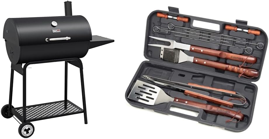 Royal Gourmet CC1830 30 Barrel Charcoal Grill with Side Table, 627 Square Inches & Cuisinart CGS-W13 Wooden Handle Tool Set, Black, Deluxe Pizza Grilling Pack (13-Piece)