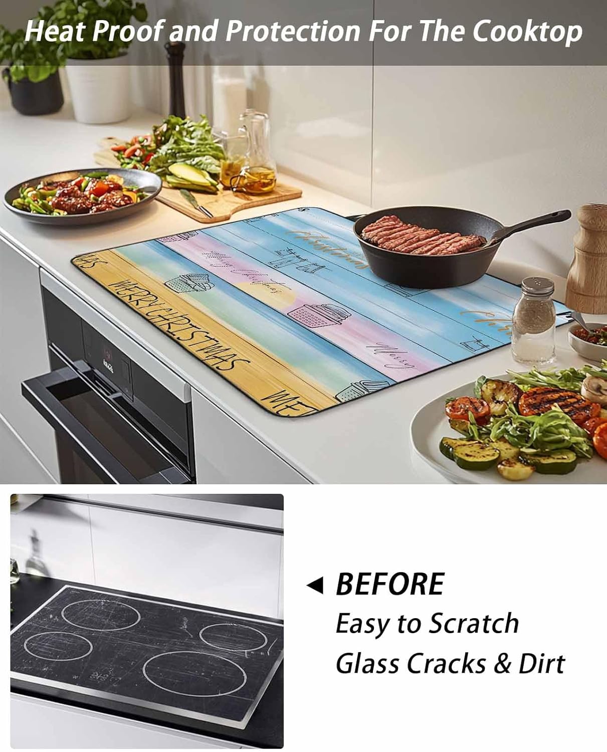 Merry Christmas Stove Top Covers for Electric Stove, Kitchen Table Protection Mat, Blue Wood Clothes Laundry Room Washing Machine Heat-Proof Glass Cooktop Pad Cover for RV/Small Kitchen 36