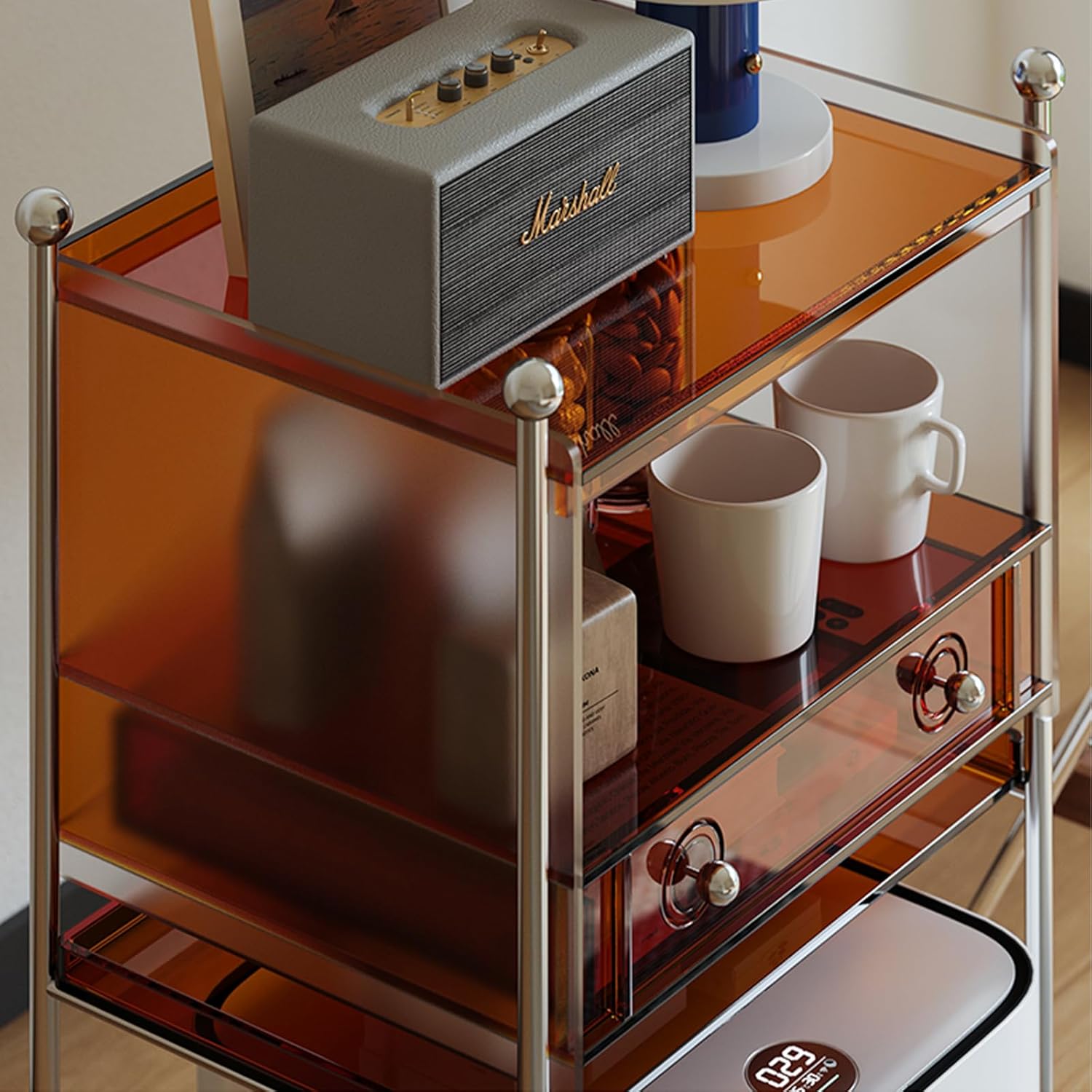 JSWHYBD Acrylic Robot Vacuum Cabinet with Wheels, Minimalist Storage Cabinet for Vacuum Cleaner, Multipurpose Side Table for Living Room, Dining Room & Kitchen, 20