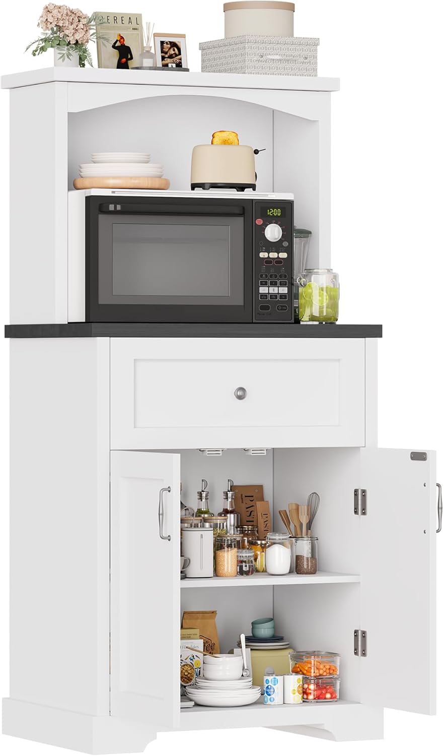 Microwave Stand with Storage and Drawer, Kitchen Pantry Storage Cabinet with Charging Station, Buffet Coffee Bar Cabinet with Adjustable Shelves, Kitchen Hutch Microwave Table for Dining Room