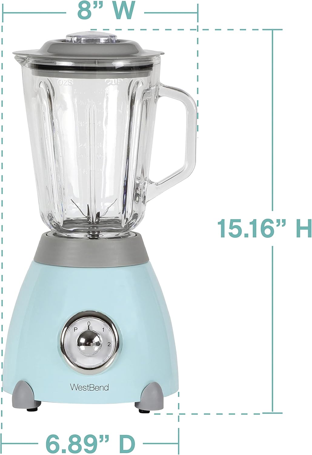 West Bend Blender Retro-Styled 3 Speeds with 48 oz Glass Blending Jar and Stainless Steel Blade, 500-Watts, Blue