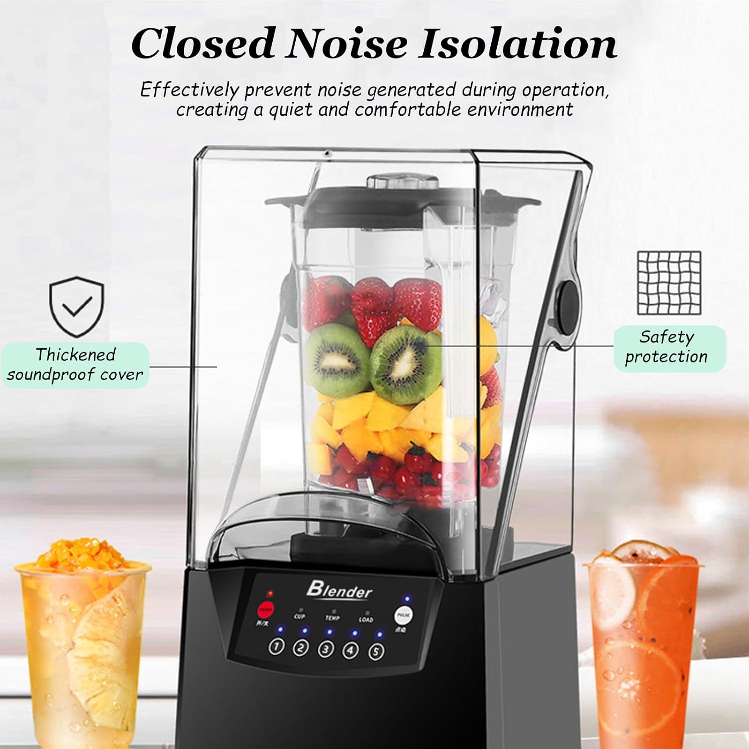 Quiet Commercial Blender for Smoothies 2200W With Cover, Professional Blender with 70 oz Jar for Restaurant, Smoothie, Ice Crushing,110V