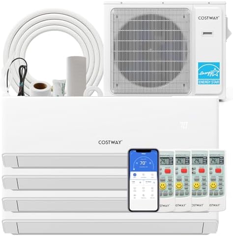 COSTWAY 30k Quad 4 Zone Mini Split Air Conditioner, 23 SEER2, 7k+7k+9k+12k BTU, 208-230V, Wifi Enabled Multi Zones Mini Split AC Heat Pump Full Set, Ductless Energy Star