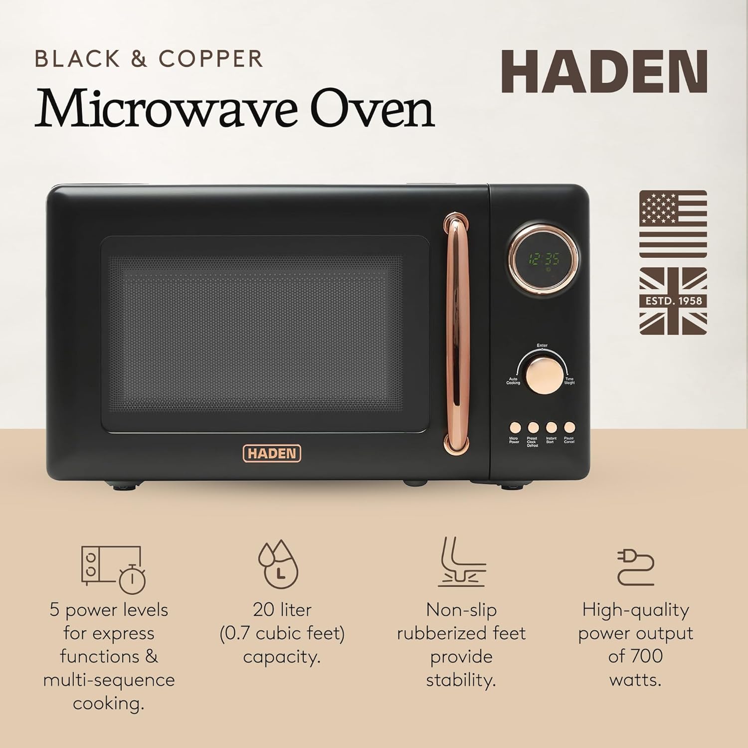 Haden 700 Watt 0.7 Cubic Foot Microwave Oven with Digital Controls, Defrost, and Instant Start Countertop Small Appliance, Black/Copper