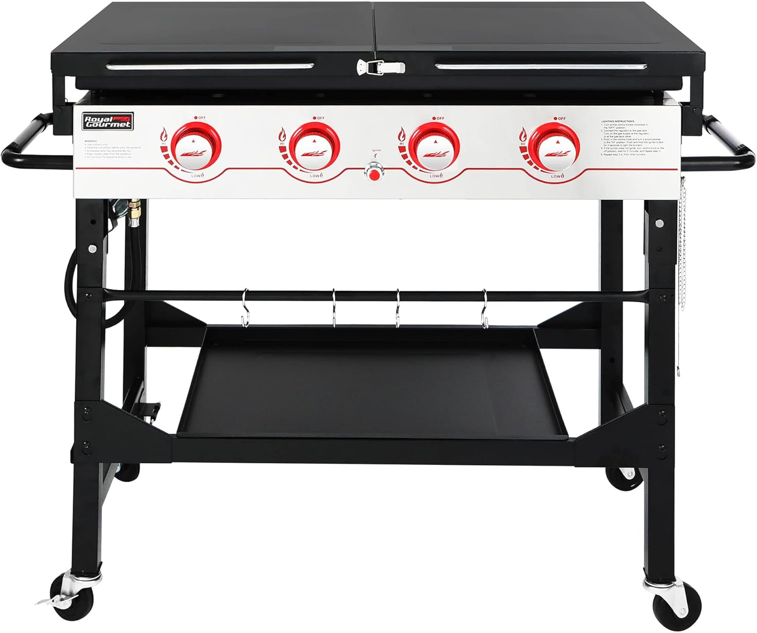 4-Burner Flat Top Propane Gas Griddle, 36-Inch Gas Griddle with Top Cover Lid, Folding Side Shelves and Legs for Large Outdoor Camping, Black, GB4000F-SC