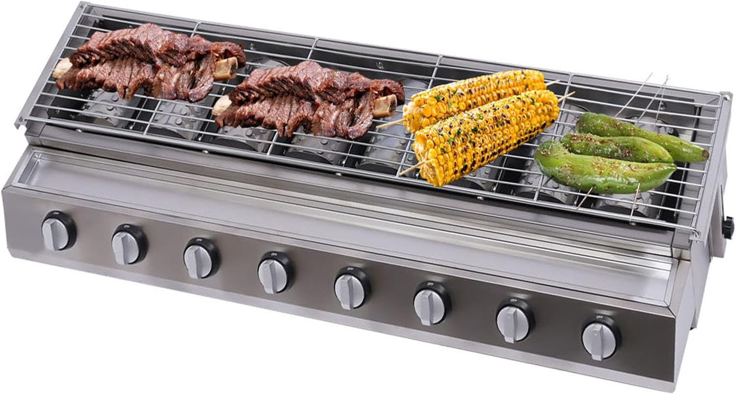 8-Burner Gas Grill Portable LPG Stove, Tabletop BBQ Grill Stainless Steel Korean BBQ Grill for Outdoor Cooking Camping, Height Adjustable, Stainless Steel Griddle