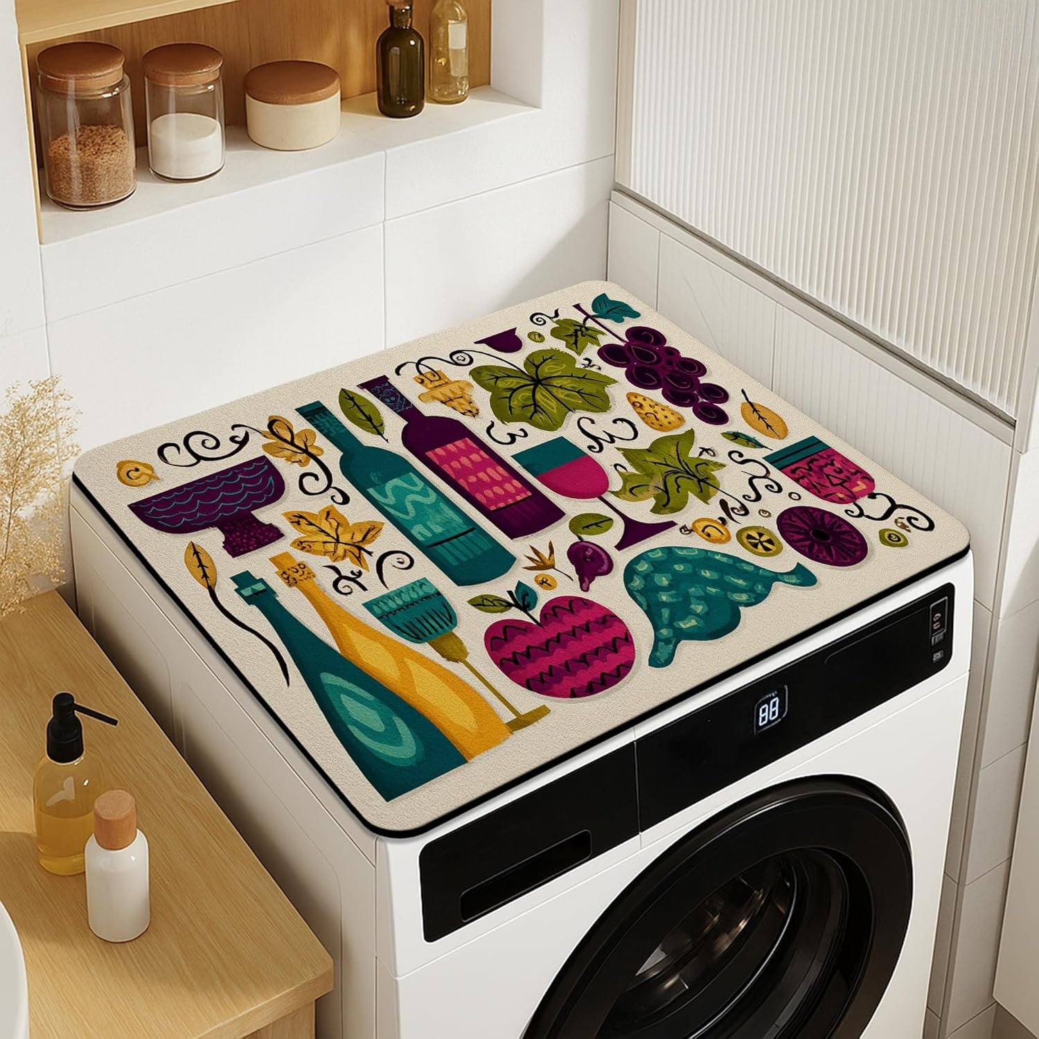Vibrant Washer Dryer Top Protector Mat, Colorful Vintage Wine and Grapes Laundry Machine Covers, Autumn Rubber Anti-slip Waterproof Washer And Dryer Mats for Laundry Room 20x24 Inch