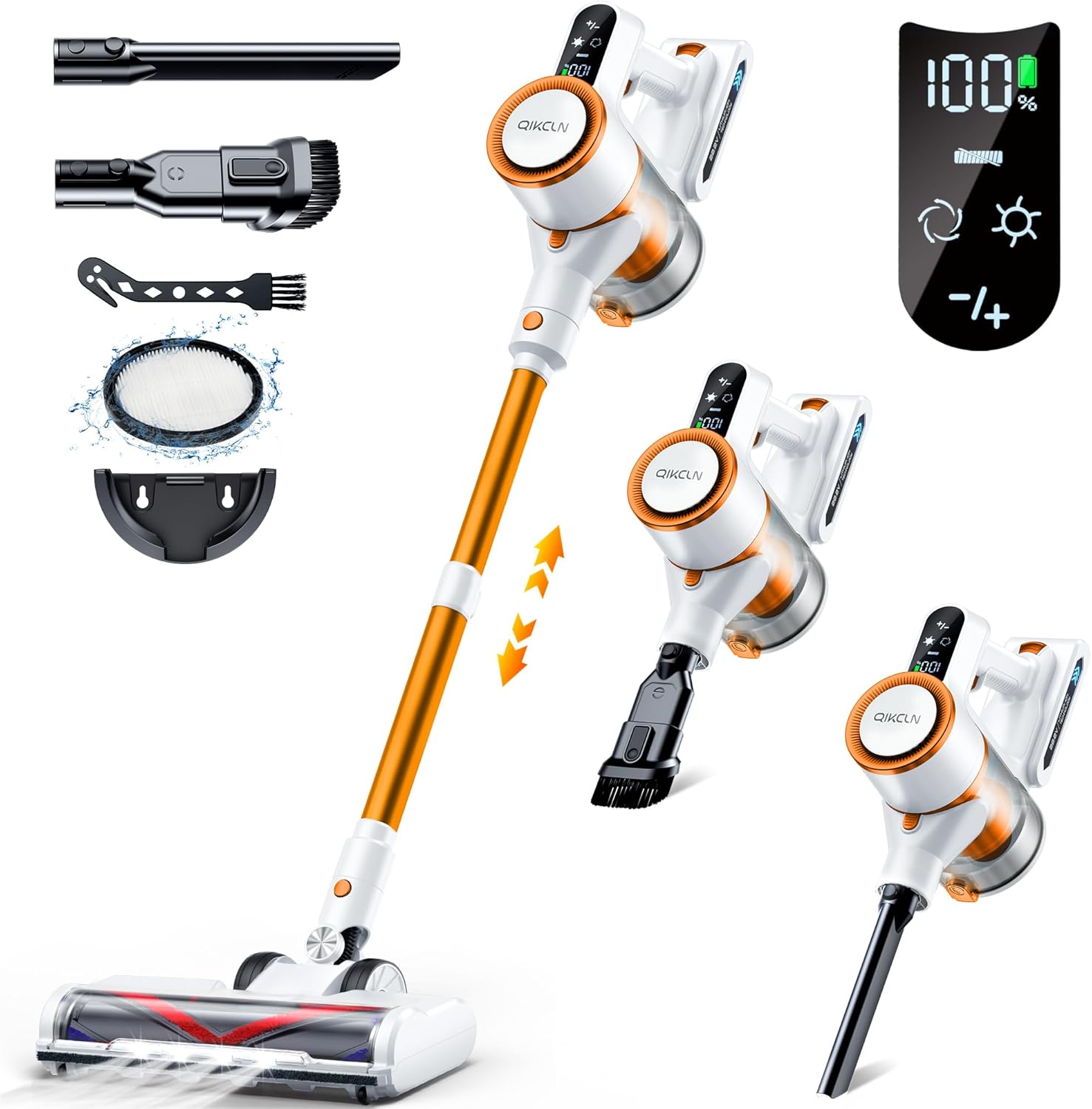 Cordless Vacuum Cleaner, 23Kpa Vacuum Cleaner with Rechargeable Battery, Household Vacuum with 40 mins Runtime and 2 Speeds for Pet Hair and Hardwood Floor Orange