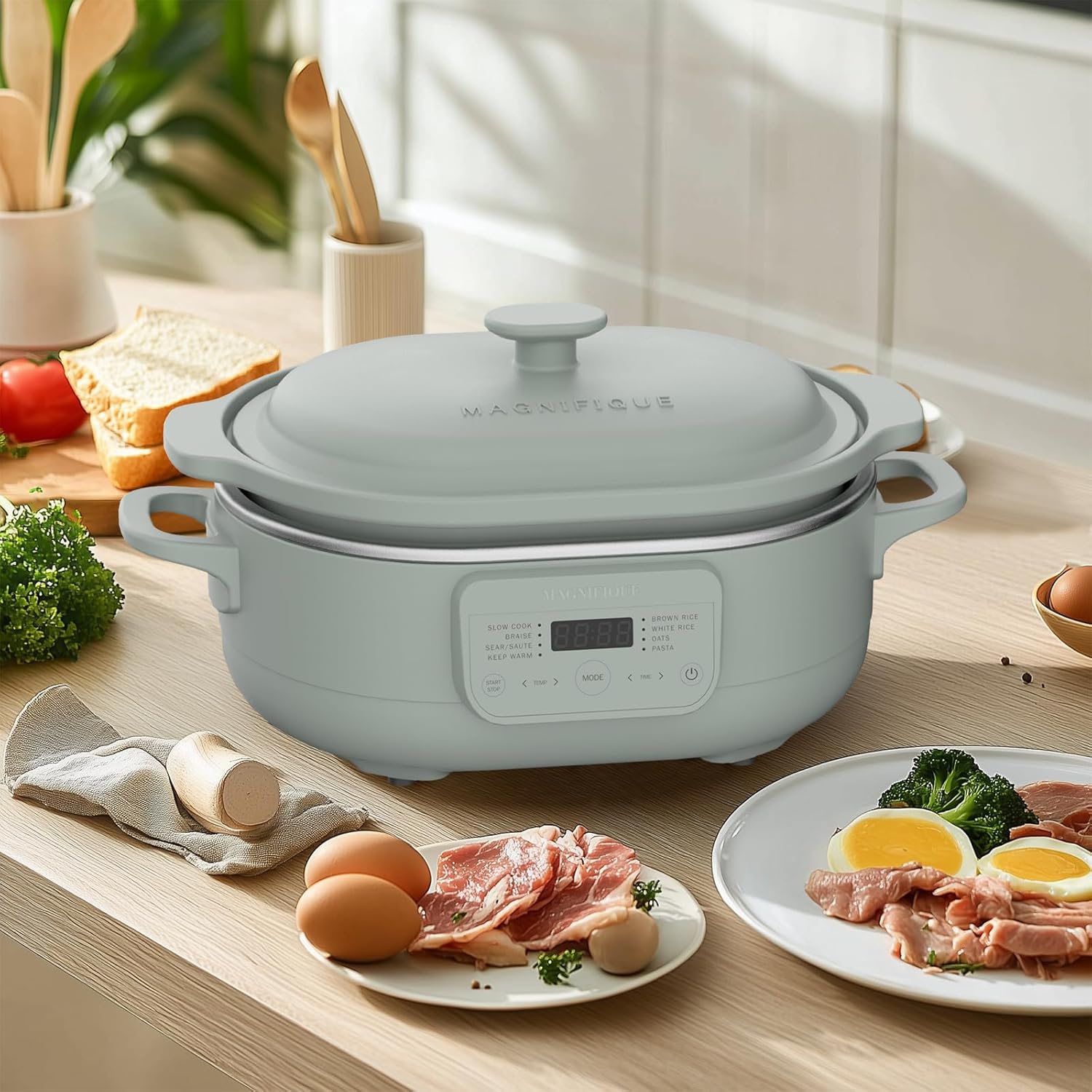 4 Quart Programmable Slow Cooker with Flexible Easy Programming, 8-in-1 Claypot Multi Cooker, Removable Crock, Nonstick, Oven Safe Pot to 450°F, Olive