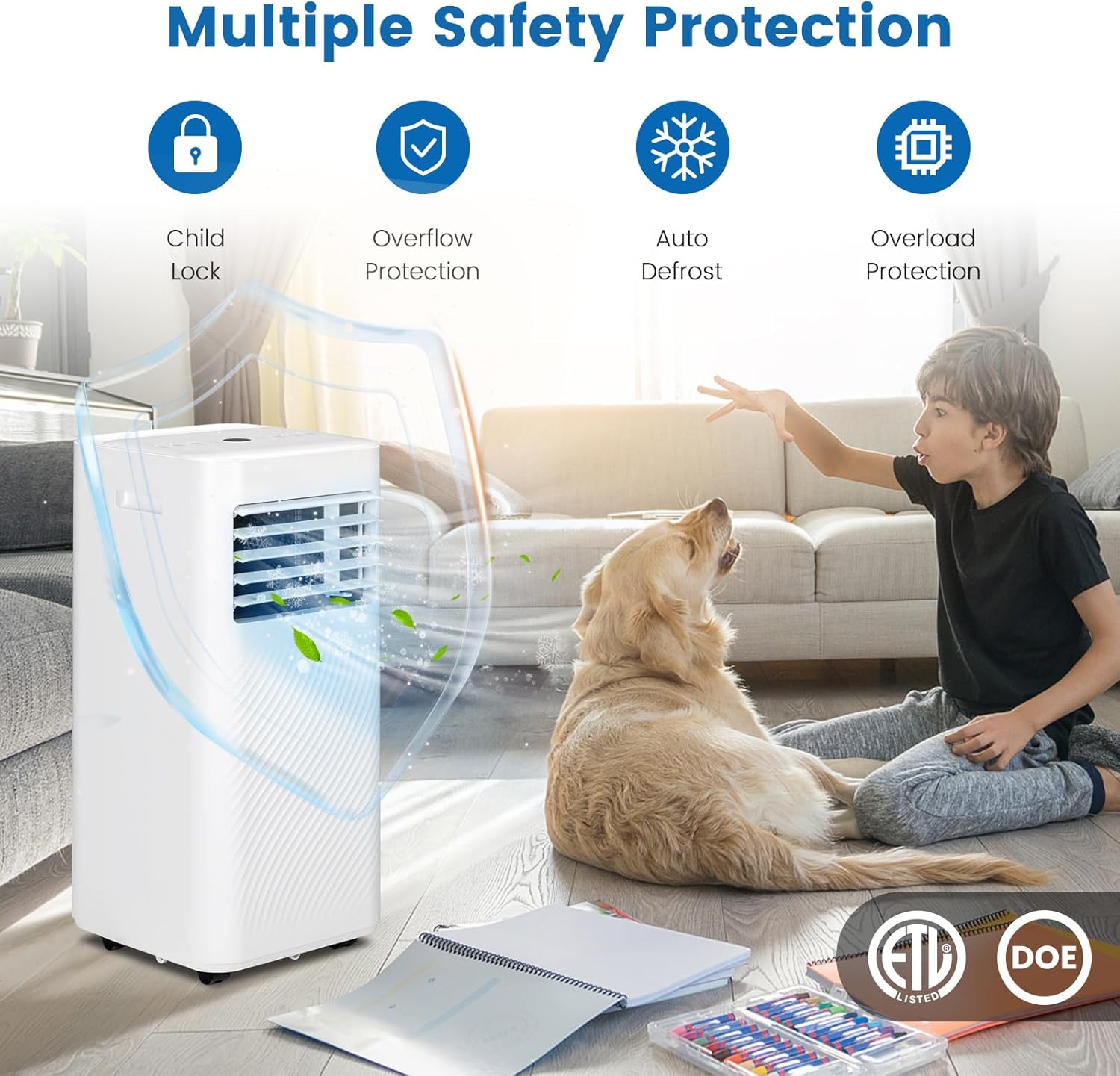 LDAILY 4 in 1 Portable Air Conditioner, 8000 BTU AC Unit with Cooling, Fan, Dehumidification, and Standby Mode for Bedroom, Living Room, Office, White