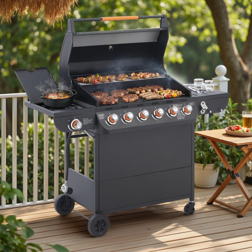 6 Burner BBQ Propane Gas Grill with Side Burner 72000 BTU Output Stainless Steel Barbecue Grill with Cast Iron Grates and Side Tables for Outdoor Cooking Kitchen and Patio Backyard