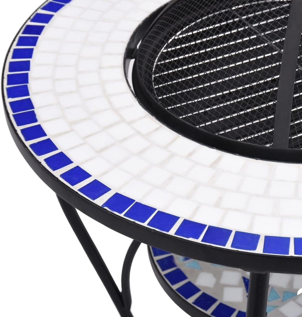 Multifunctional Fire Pit Table, Patio Decorative Table, Round Table for Camping, Outdoor Heating, Campfire and Picnic,Mosaic Fire Pit Table Blue and White 26.8