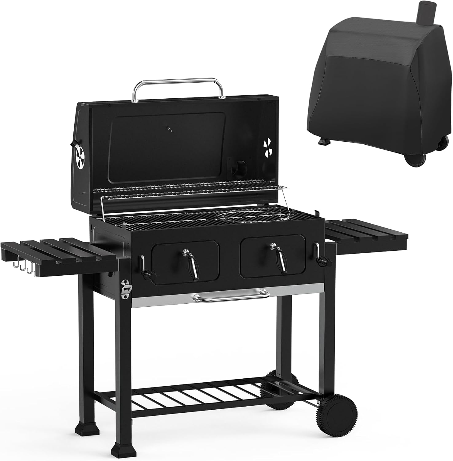 Extra Large BBQ Charcoal Grill with Cover, 794 SQ.IN Cooking Area, Heavy Duty Outdoor Barbecue Grill with 2 Individual Lifting Charcoal Tray and 2 Side Tables, Sturdy Wheels, GS339