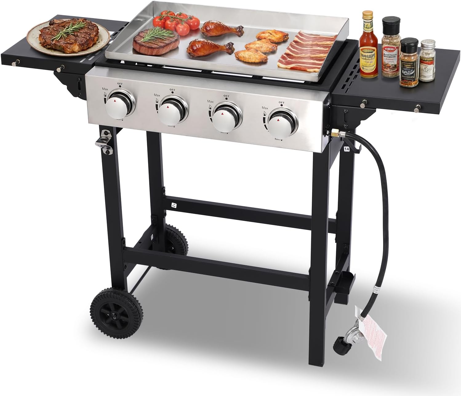 4-Burner Flat Top Gas Grill with Stainless Steel Griddle, Includes Cover & Regulator - Perfect for Camping, Tailgating, Backyards