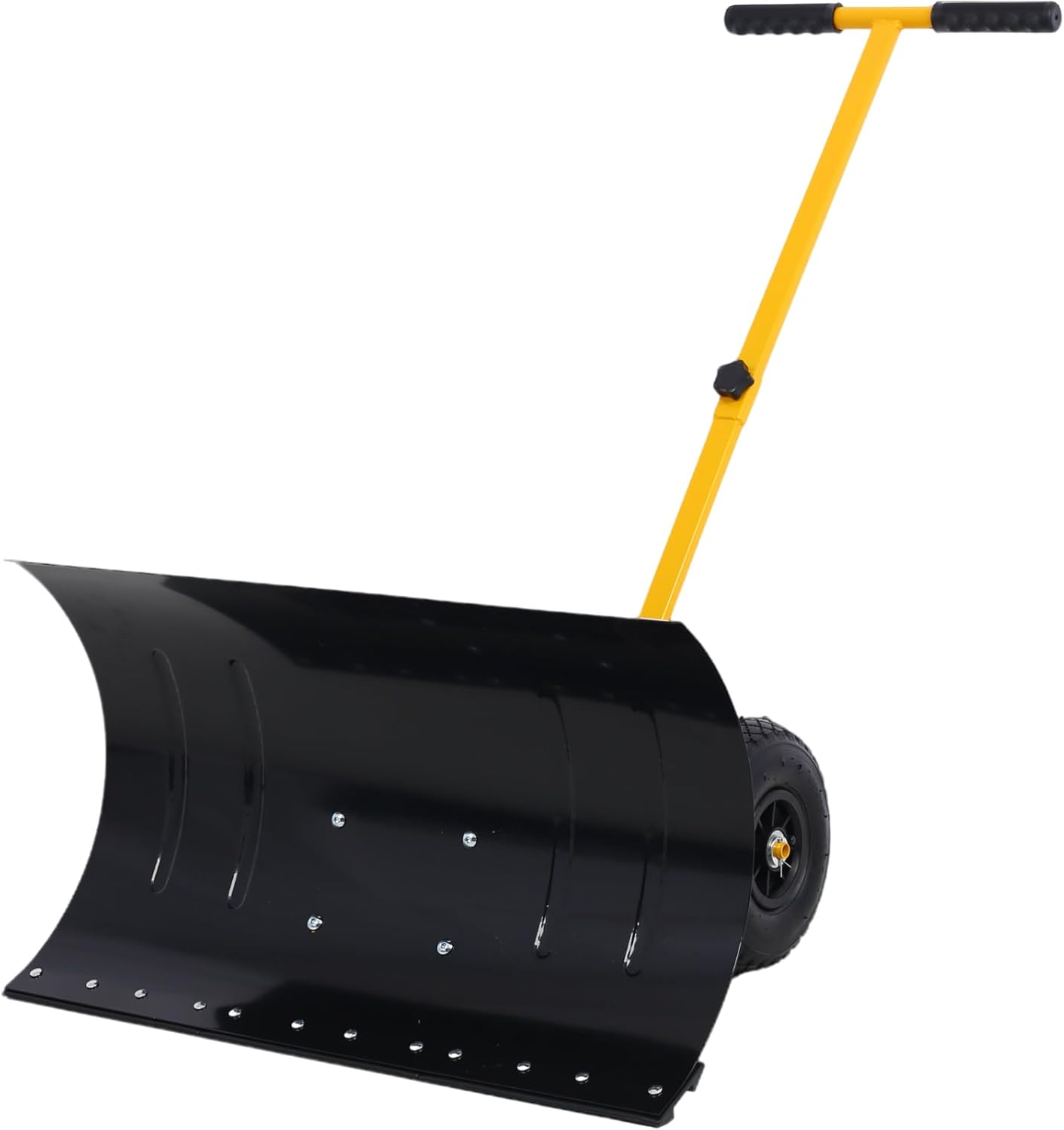 Snow Shovel with Wheels, Snow Plow, Heavy Duty Steel Snow Shovel Pusher for Driveway with Adjustable Angle & Height Handle (Yellow)