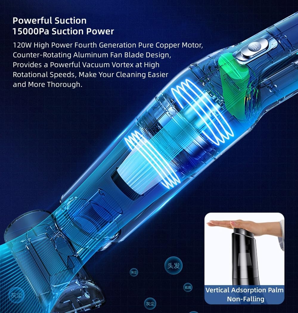 Cordless Vacuum Cleaner Rechargeable Stick Vacuum, 15000pa Powerful Suction Lightweight Handheld Vacuum Upright Vacuum Cleaner, Wireless Household Vacuum Cleaner for Hardwood Floor Pet Hair Home Car