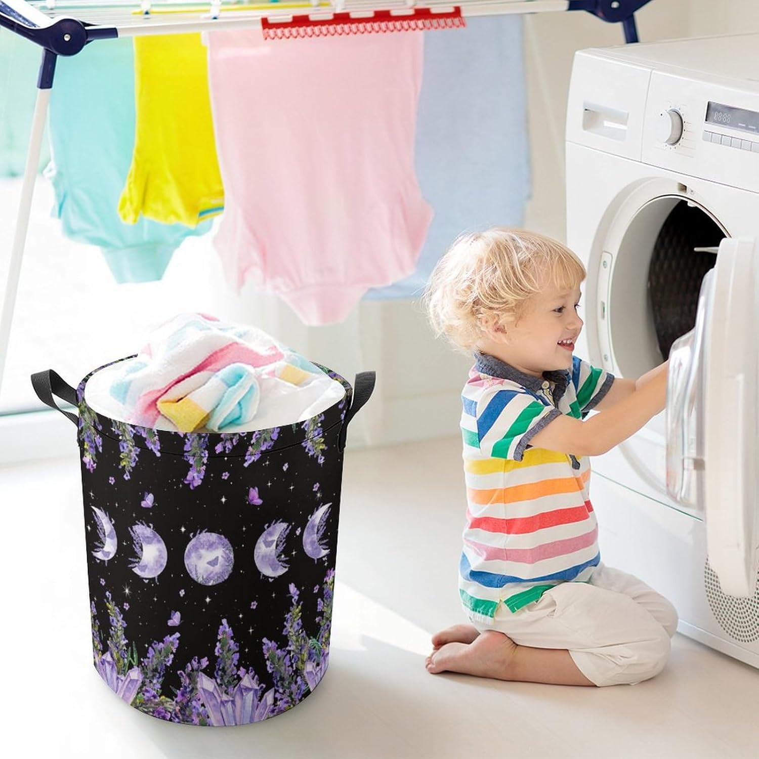 Brebasf Gothic Full Moon Lavender Laundry Basket Storage Basket,Watercolor Spring Farm Floral Butterfly Galaxy Star Print Dirty Clothes Basket For Laundry Room Balcony-13.8