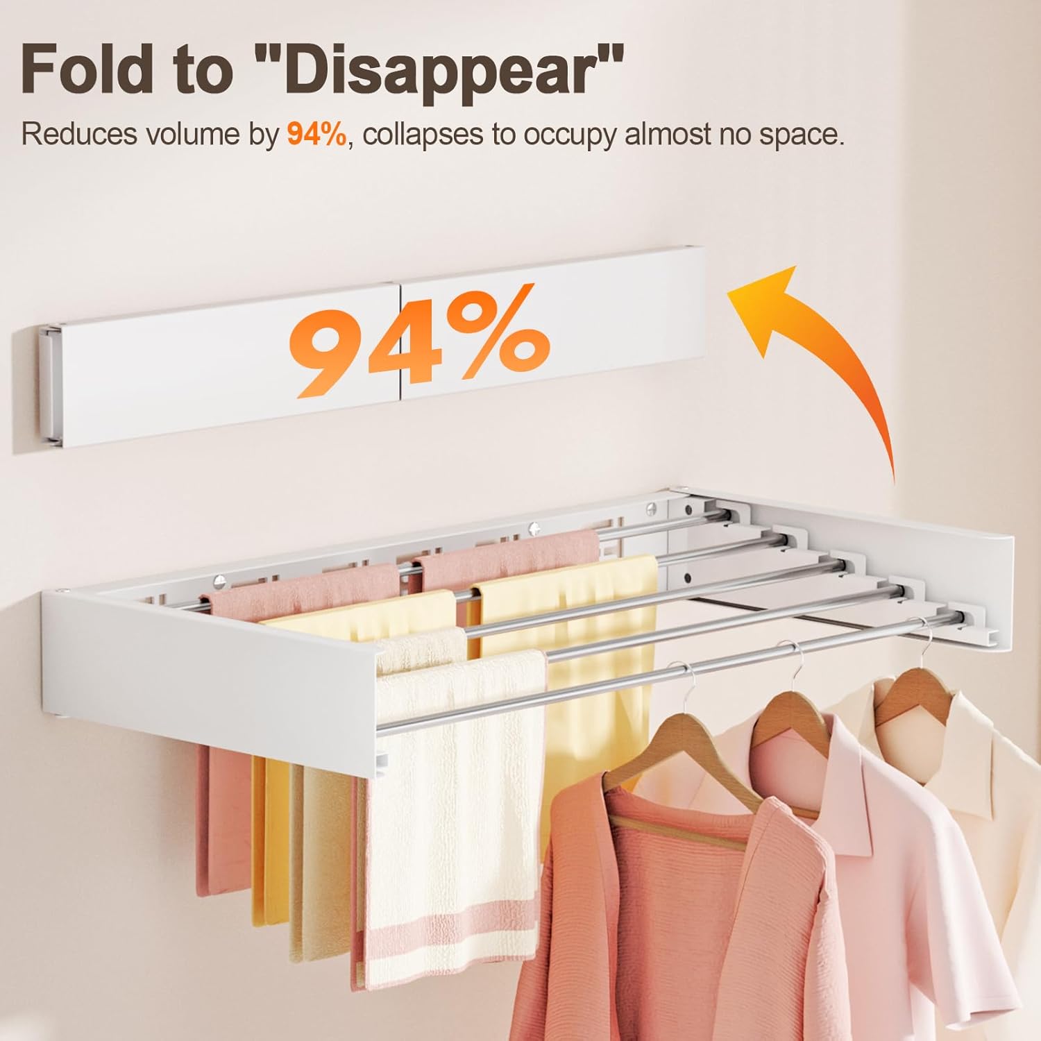 Wall Mounted Clothes Drying Rack Folding Indoor, Foldable Laundry Drying Rack Collapsible,Invisible, Space Saving, Retractable Towel Drying Rack, with Wall Template(5 Drying Rods, White 32
