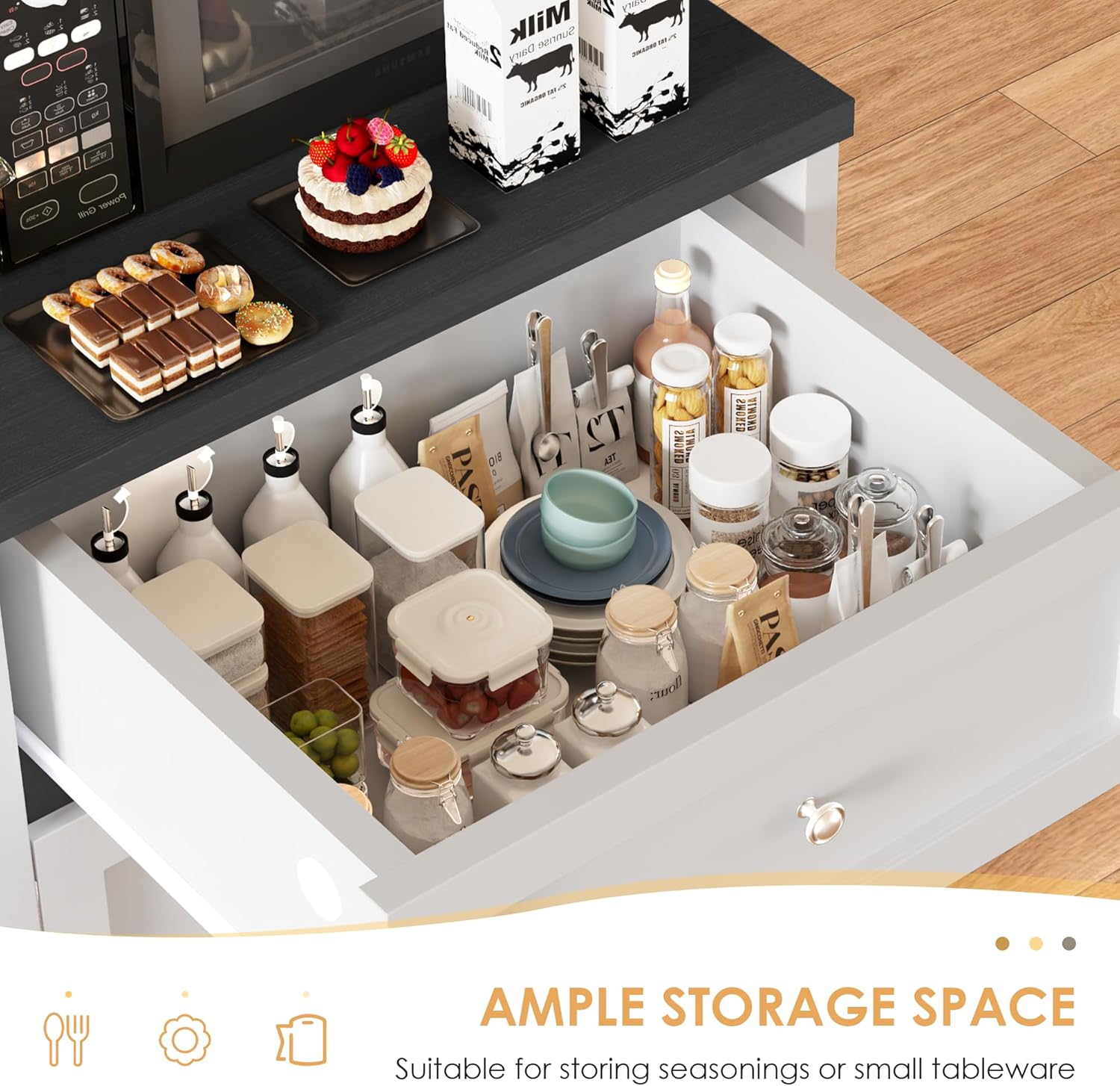 Microwave Stand with Storage and Drawer, Kitchen Pantry Storage Cabinet with Charging Station, Buffet Coffee Bar Cabinet with Adjustable Shelves, Kitchen Hutch Microwave Table for Dining Room