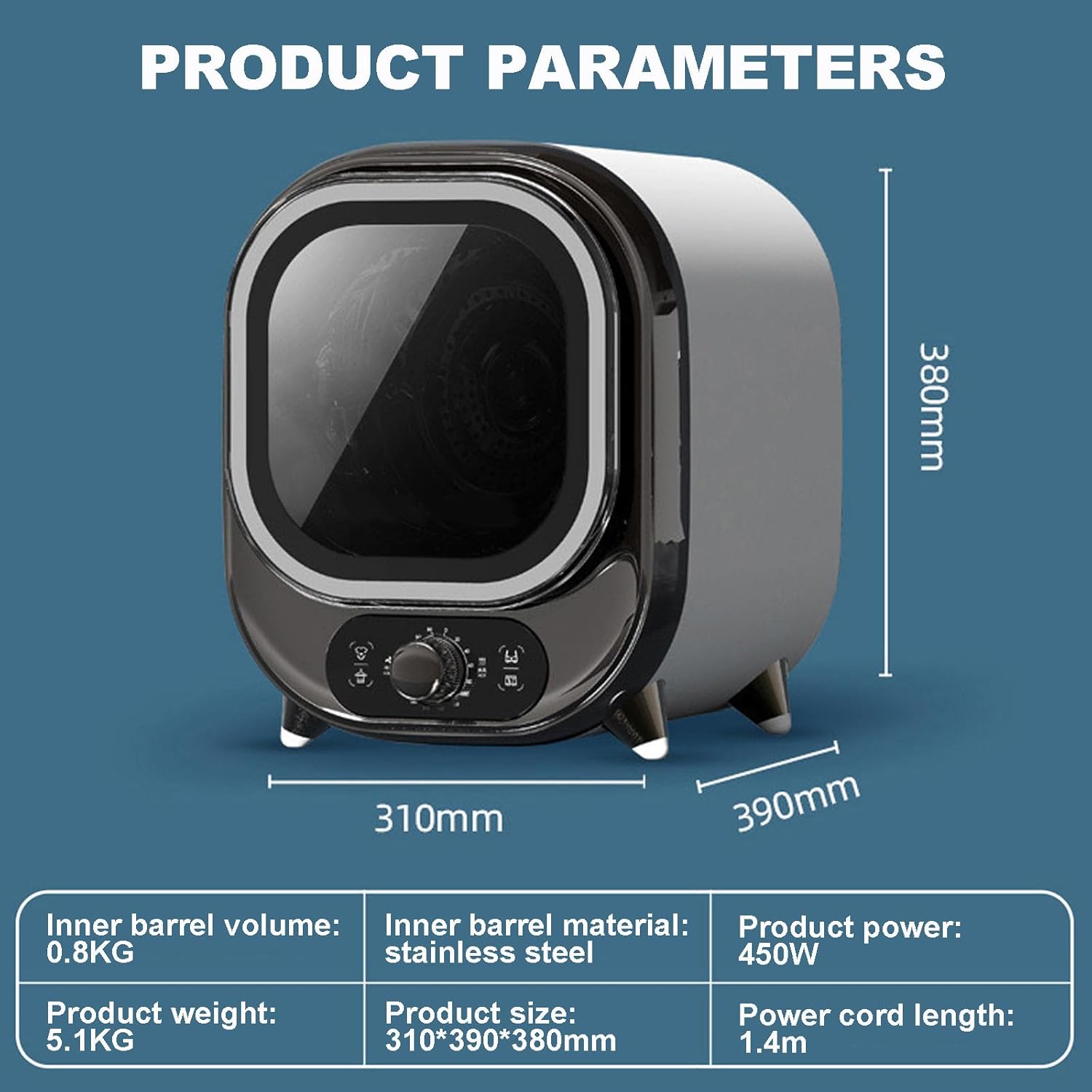 0.8kg Capacity Small Tumble Dryer With Transparent Window, Front Load Laundry Dryer With Stainless Steel Tub, Cold & Hot Air Drying, 35db Low Noise, For Apartment, Home, Dorm,White