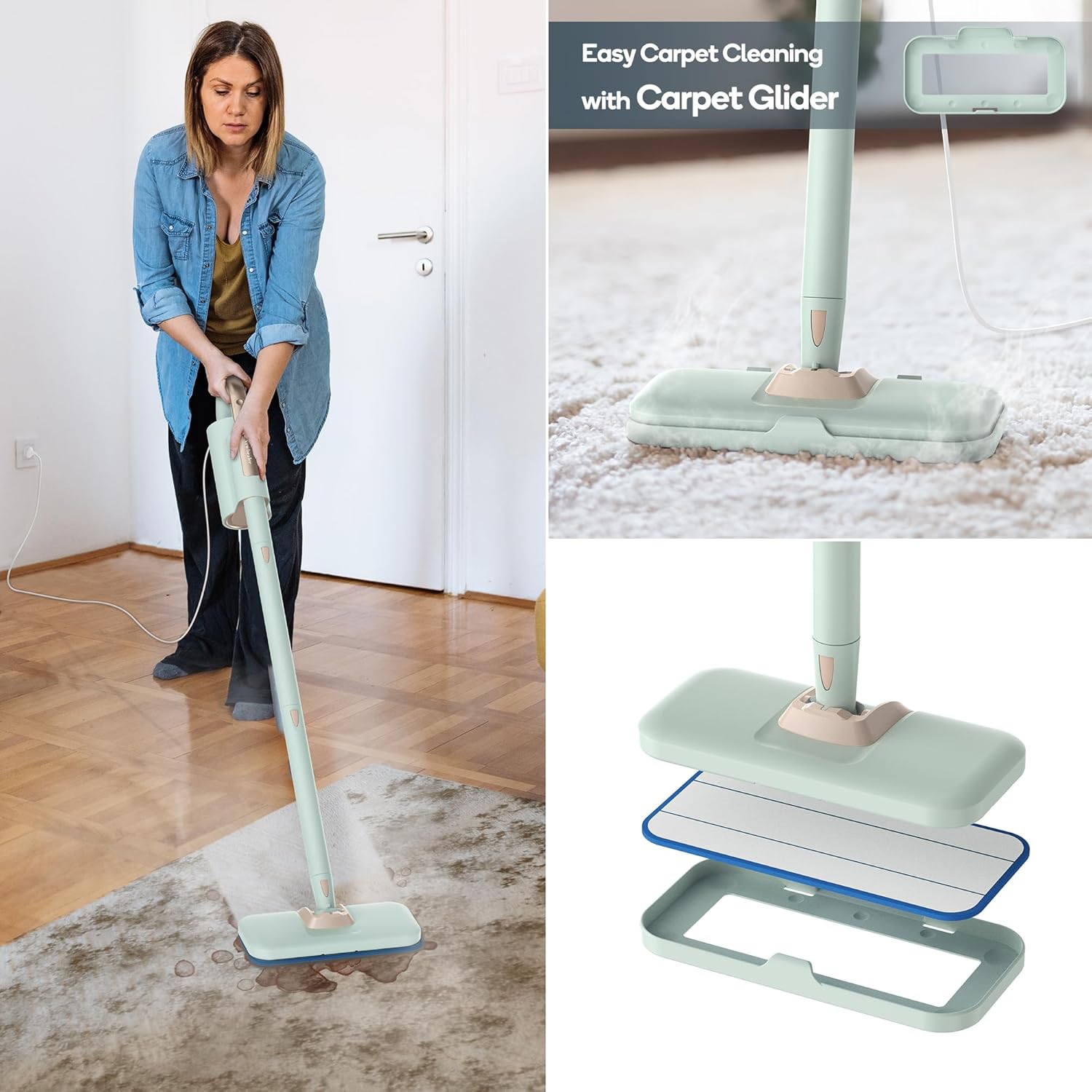 Newbealer Steam Mop & Detachable Handheld Cleaner, 250ml 1200W Powerful Floor Steamer, 3 Adjustable Levels for Carpet Laminate Hardwood Grout, Carpet Glider, 7 Multi-purpose Accessories & 2 Pads