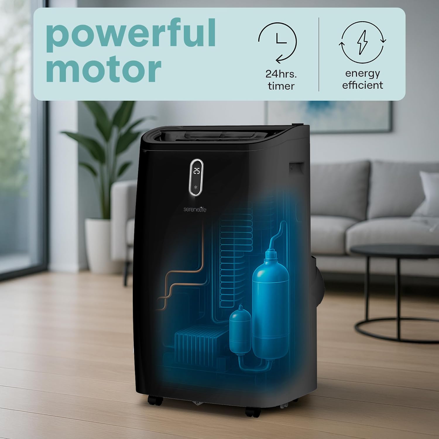 SereneLife 14,000 BTU Portable Air Conditioner - Compact Room Air Conditioner with Dehumidifier & Fan, Mini AC Unit for Rooms Up to 650 Sq. Ft., Window Kit Included, Rolling Wheels, Black