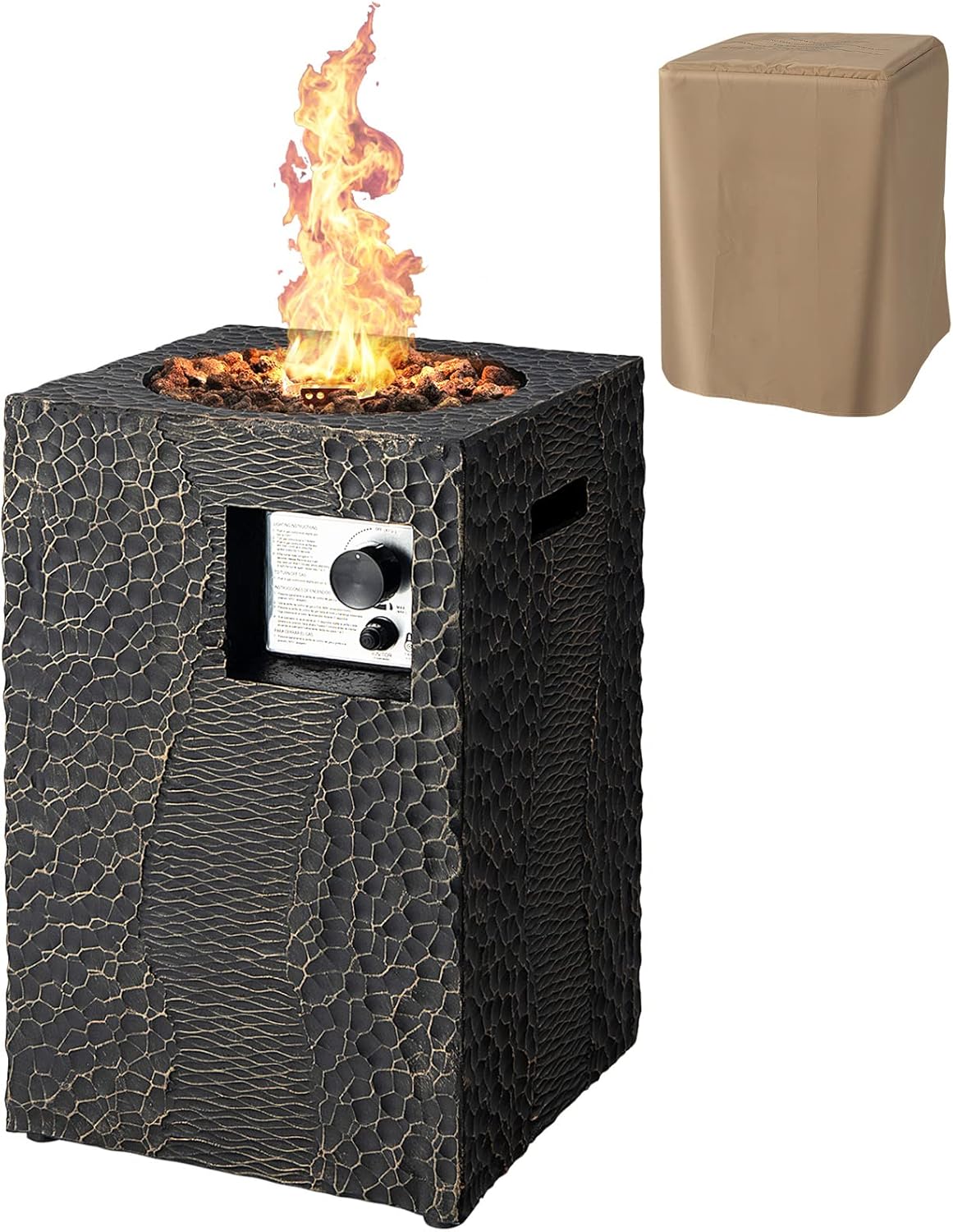 COSTWAY 16-Inch Outdoor Propane Fire Pit, 30,000 BTU Patiojoy Electronic Ignition Square Gas Fire Pit with Protective Cover, Lava Rocks, Touch-up Pen for Backyard, Black