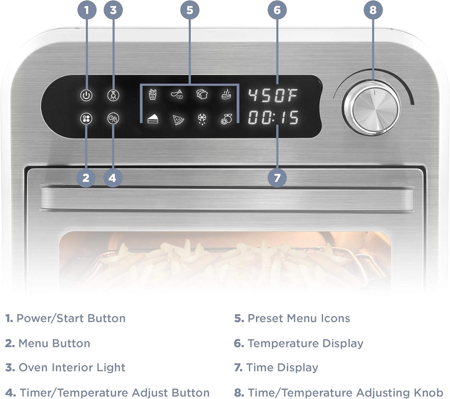 Elite Gourmet EAF1010D Programmable 10L Air Fryer Convection Countertop Oven, 8 Menu Settings, Temperature + Timer Controls, Bake, Toast, Broil, Air Fry, 1500W with Recipes, Steel Exterior