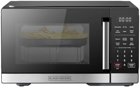 BLACK+DECKER 5-in-1 Microwave Oven with Air Fry, Combi, Bake, Roast, and Convection Cooking, 0.9 cu. ft. Countertop Microwave, Stainless Steel, 900 Watts, Child-Lock, ES9P032NA