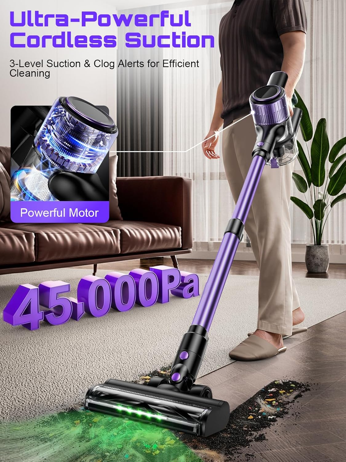 Cordless Vacuum Cleaner, 10 in 1 Stick Vacuum with Powerful Suction, Hose, Green LED Light, Anti-Tangle Brush, Lightweight Rechargeable Vacuum Cleaner for Home, Hardwood Floors, Carpets