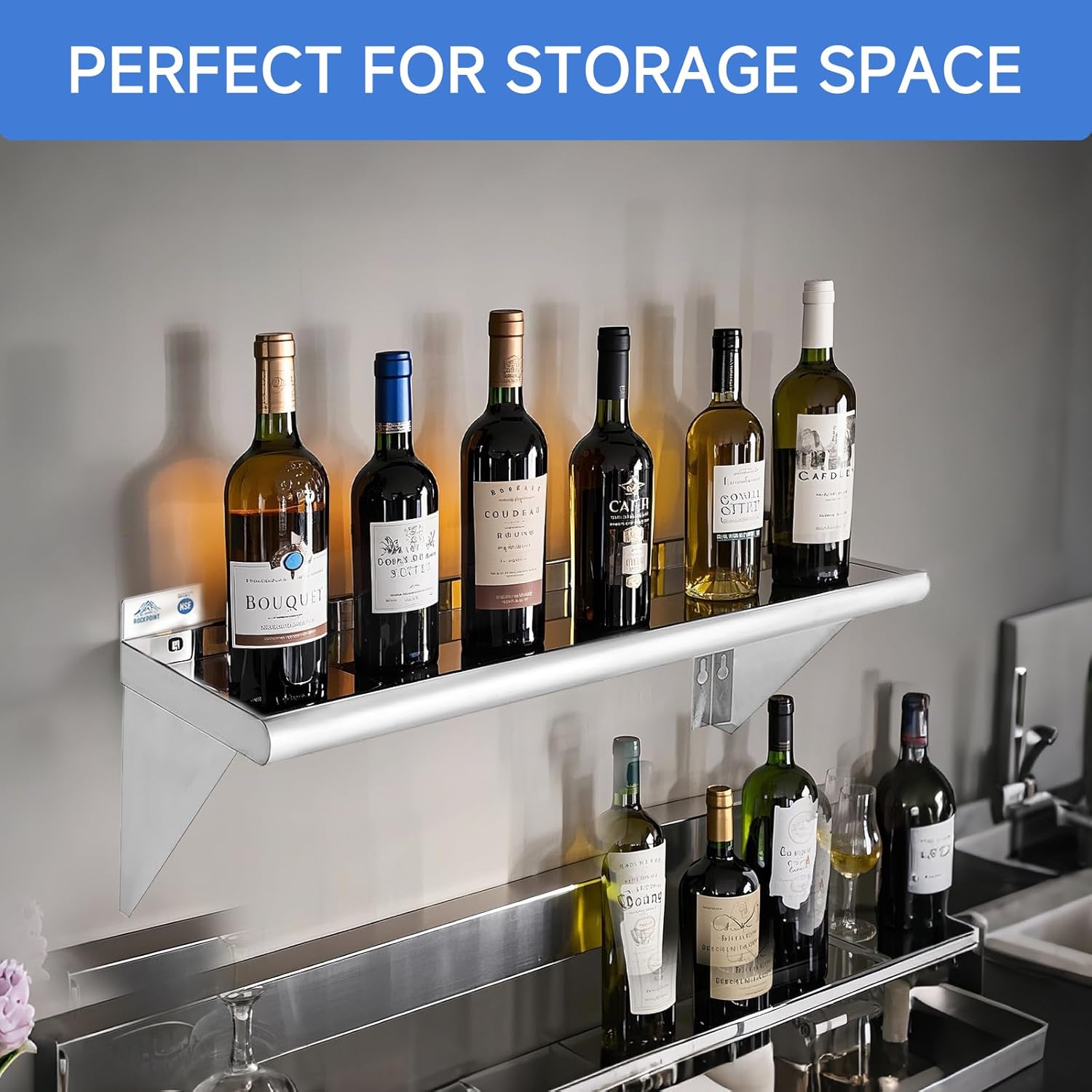 ROCKPOINT Stainless Steel Shelf 12 x 72 Inches 450lb, 2 Pack NSF Commercial Wall Mount Floating Shelving with Backsplash for Restaurant, Kitchen, Home and Hotel, Silver