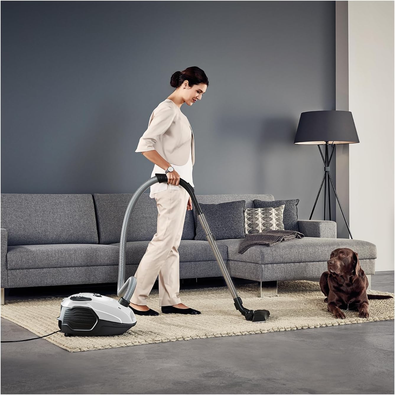 AEG VX6-2-IW-5 vacuum cleaner with bag, 360° rotating wheels, extra nozzles and dust bags, for hard and carpeted mats, 800 watts, 9 m range of action, ergo handle, new technical version/white
