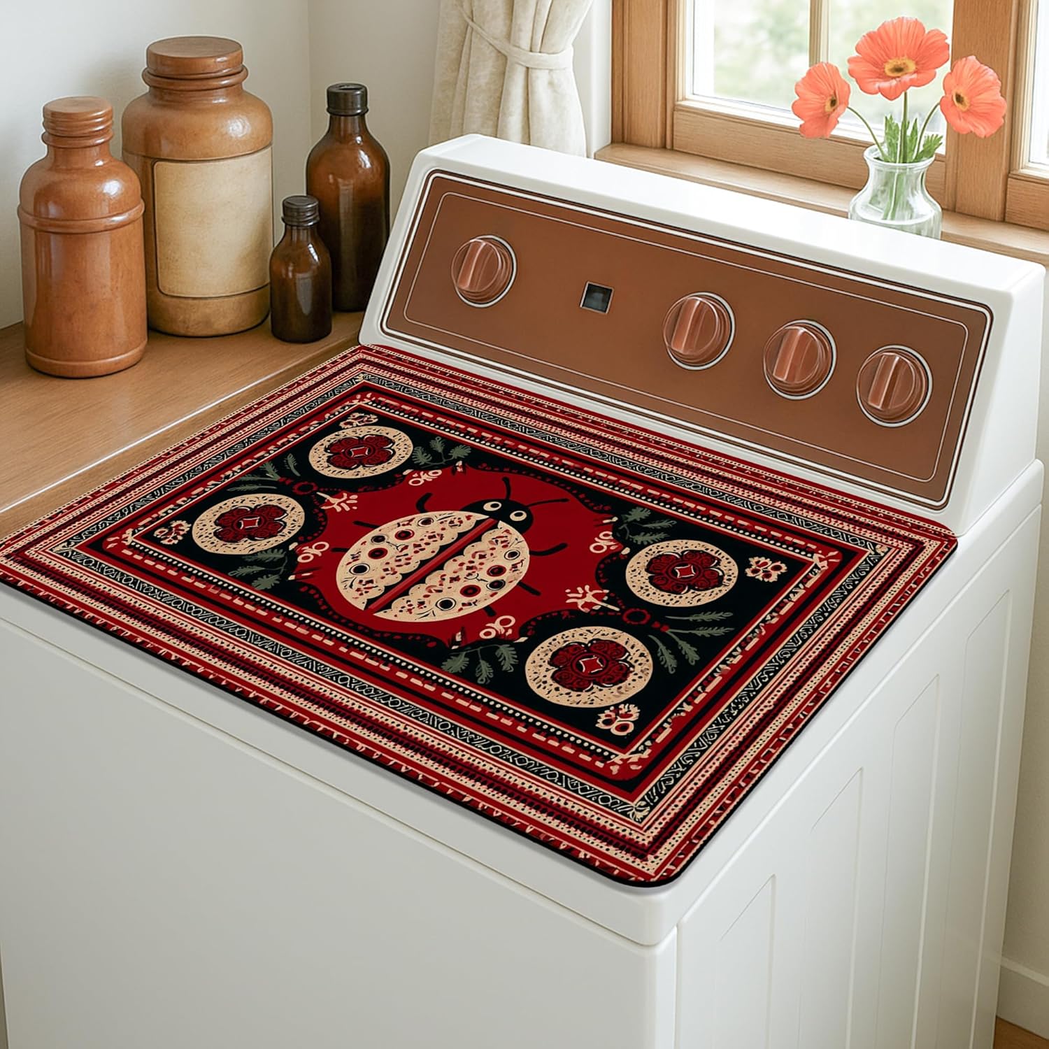 Ladybug Washer Dryer Top Protector Mat, Vintage Art Laundry Machine Dust Covers, Nature Inspired Rubber Anti-slip Waterproof Washer And Dryer Mats for Home 20x24 Inch