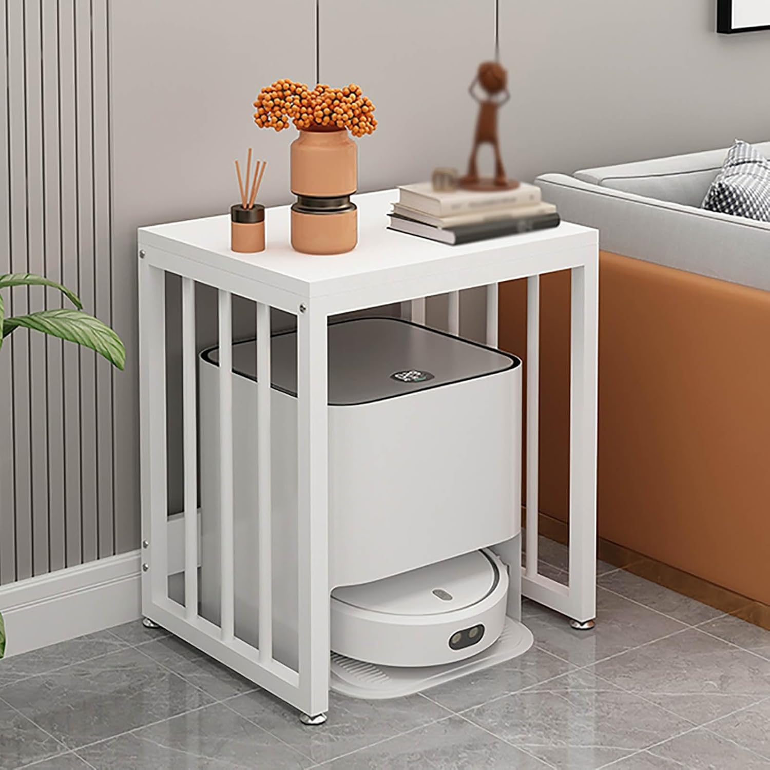 Robot Vacuum Stand Cabinet - Storage Display Rack Above The Sweeping Robot - Small Sweeping Robot Storage Rack with Non-Slip Feet for Home Office Kitchen（White - B）