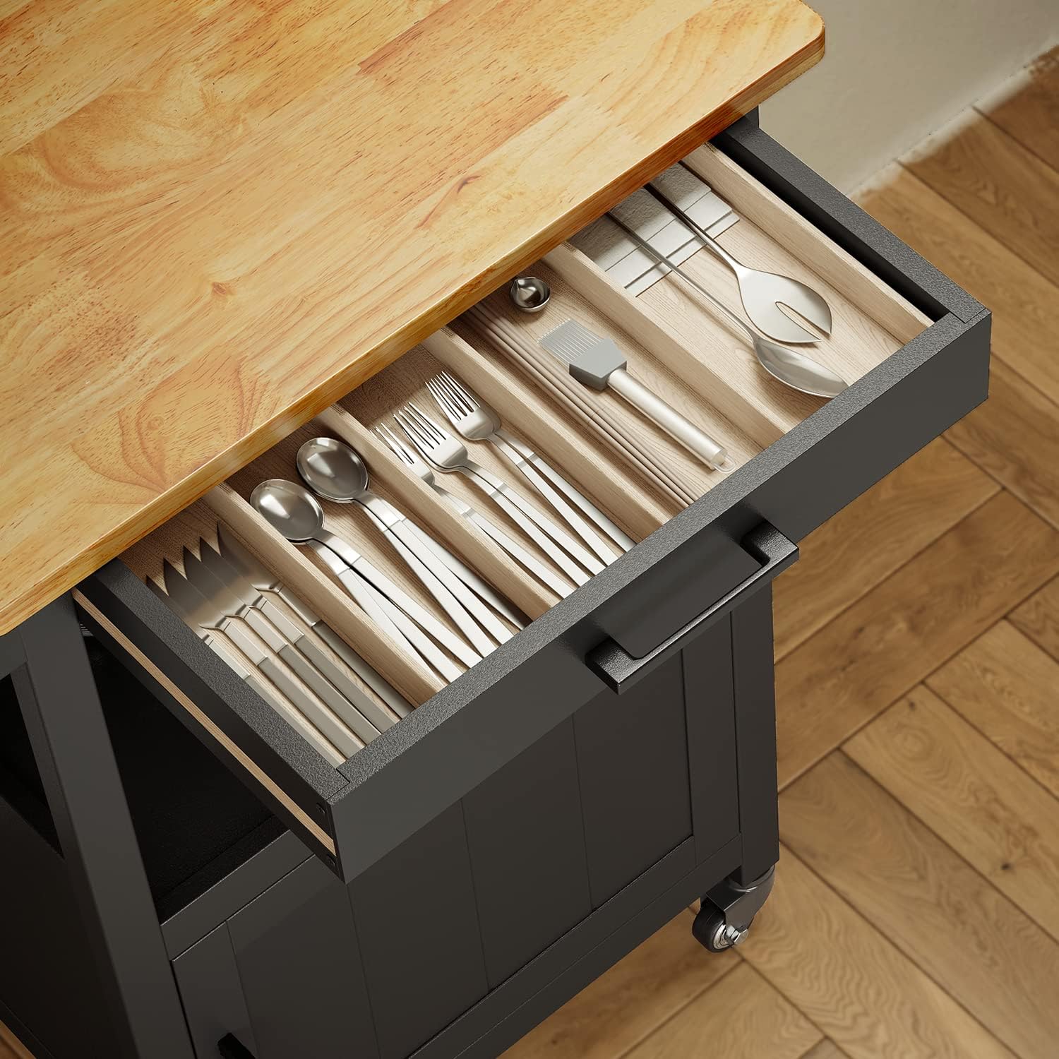 Kitchen Island on Wheels with Drawer, Storage Cabinet, Shelf and Side Hook, Rolling Kitchen Cart with Rubber Wood Countertop, Microwave Cart for Small Space, Black