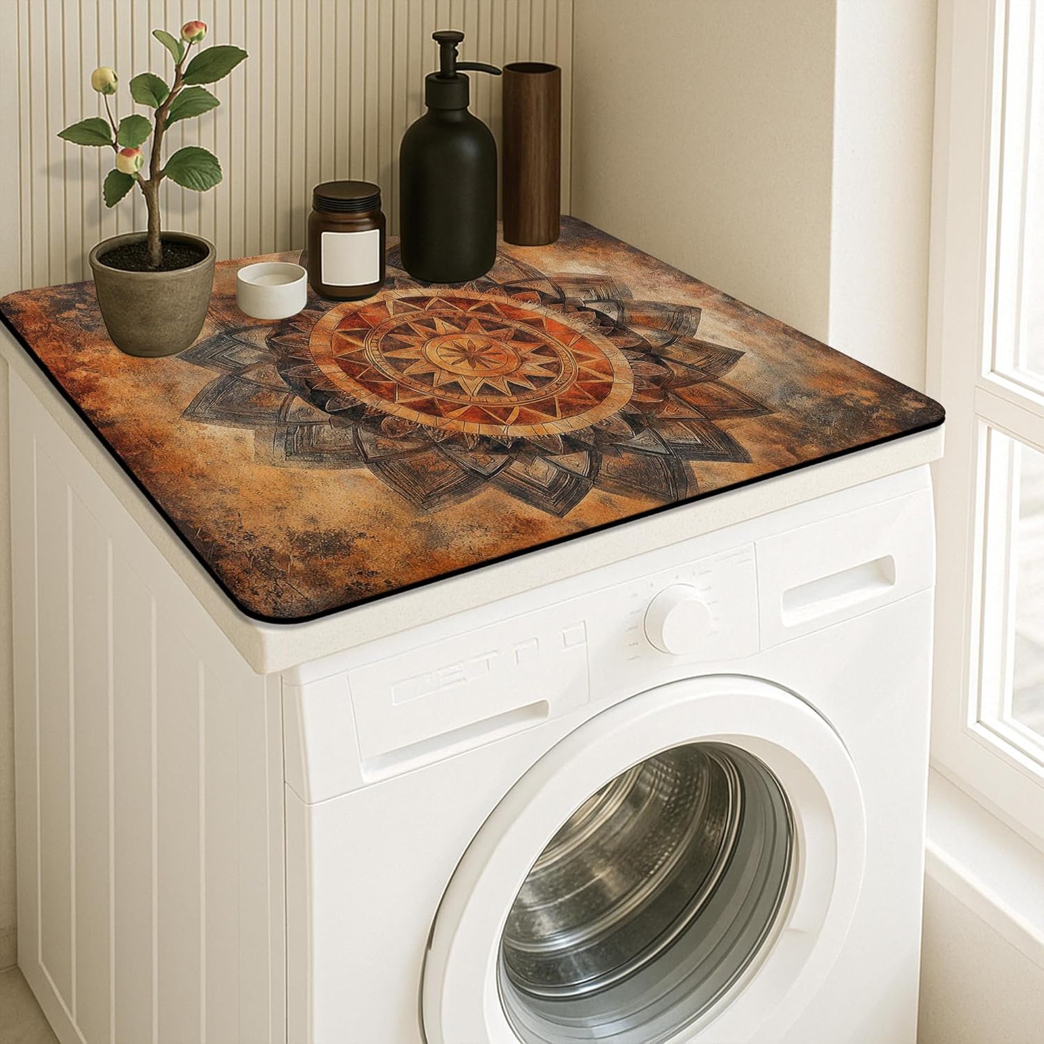 Rustic Mandala Washer Dryer Top Protector Mat, Vintage Artistic Laundry Machine Dust Covers, Rubber Anti-slip Waterproof Mats for Laundry Room 24x24 Inch