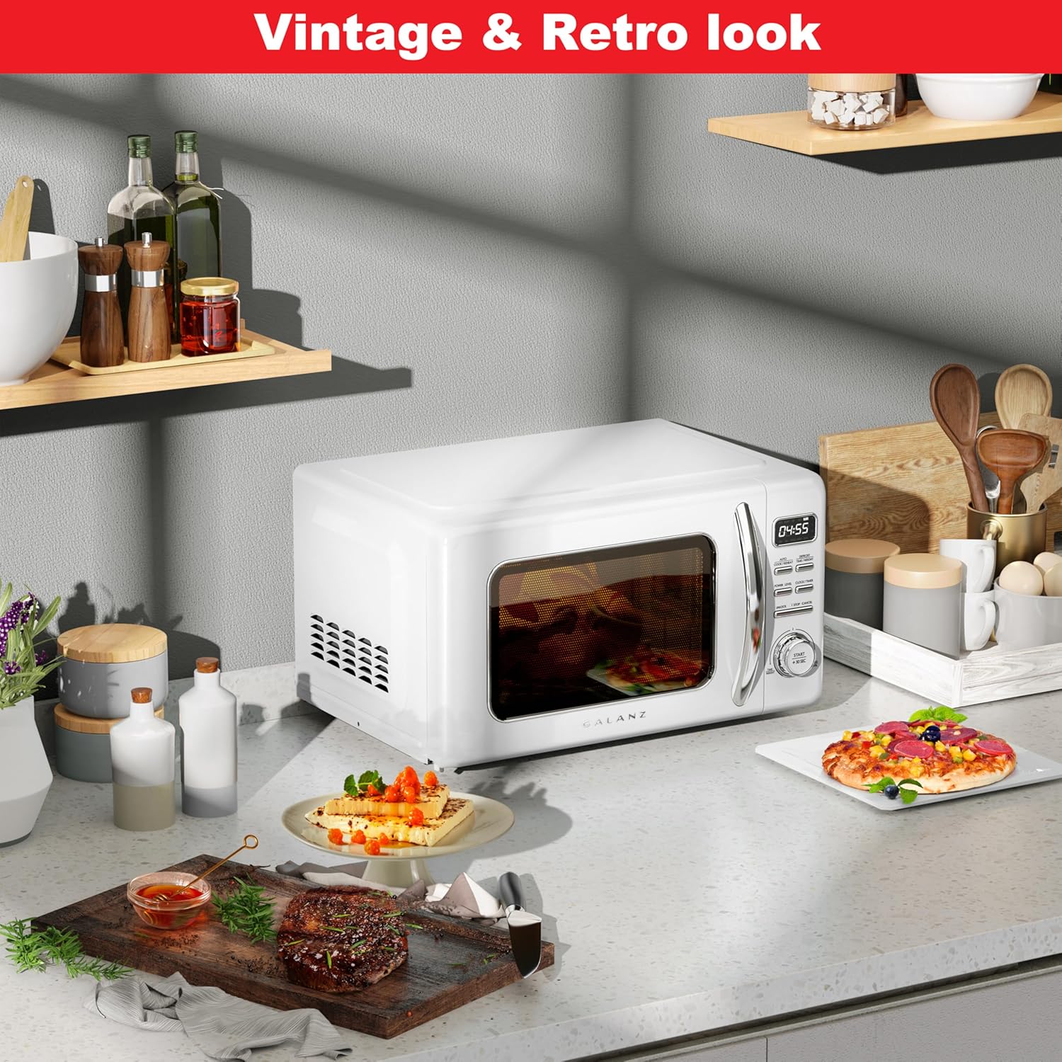 Galanz GLCMKZ07WER07 with Auto Cook & Reheat, Defrost, Quick Start Functions, Easy Clean with Glass Turntable, Pull Handle, White