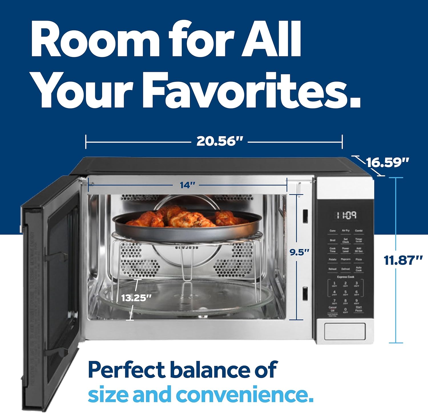 GE GCST10A1WSS 1.0 Cu Ft Convection Microwave Oven, 1050W Countertop Air Fry Microwave with Broil & Crisper Pan, Compact Stainless Steel Design
